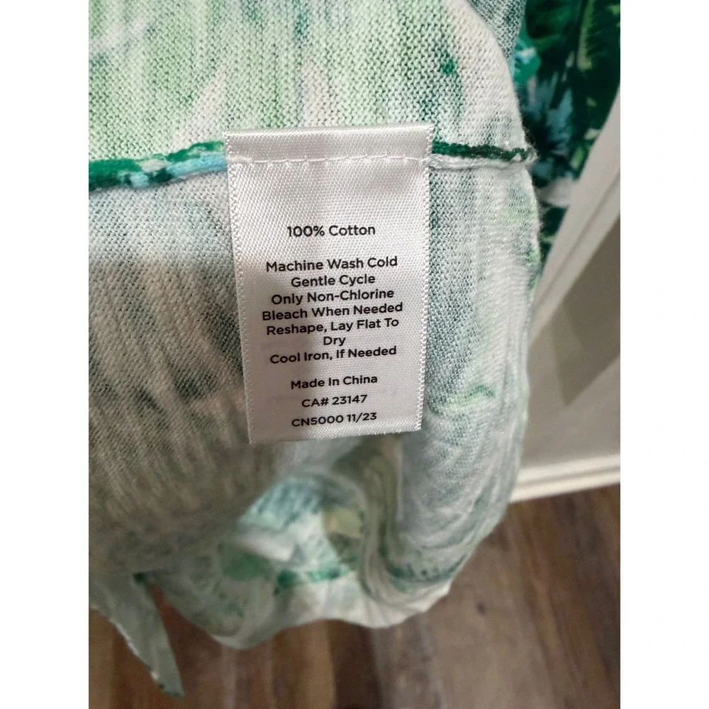 Talbots Plus Womens 2X Green Tropical Palm Leaf Cotton 3/4 Sleeve Sweater Top